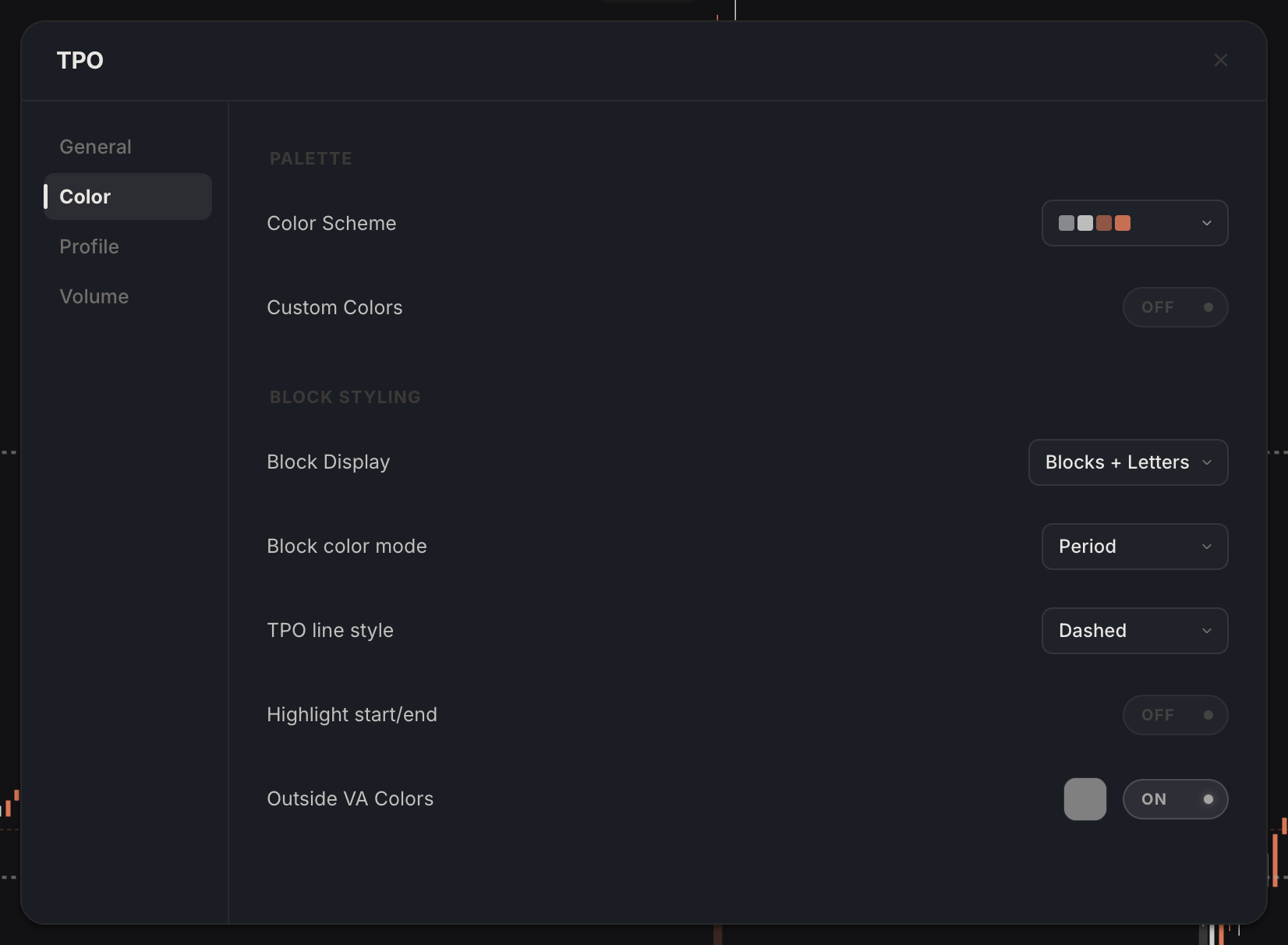 TPO settings, Color tab