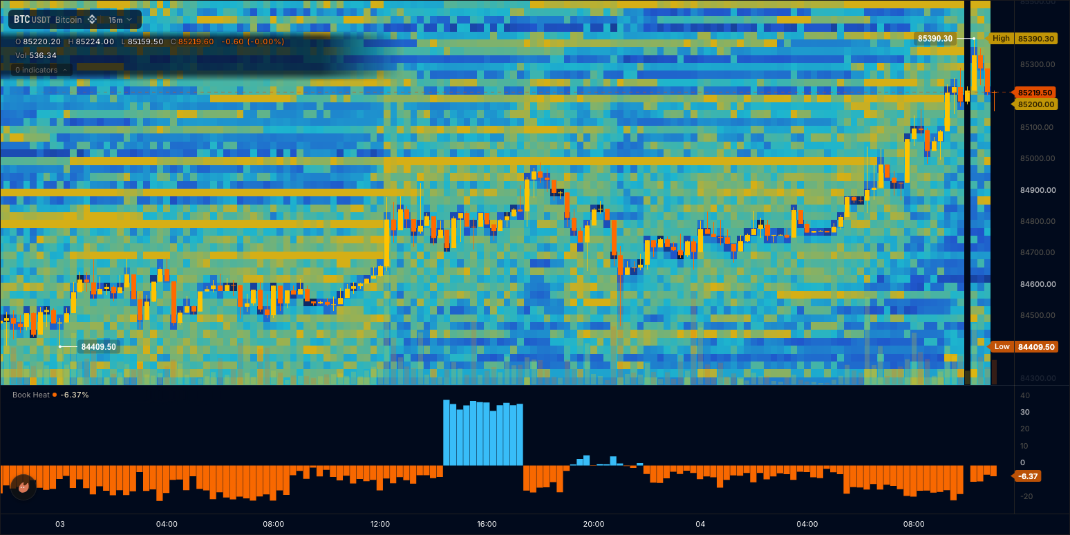 Resting order book painted behind the candles as a heatmap, with a bid-ask imbalance pane