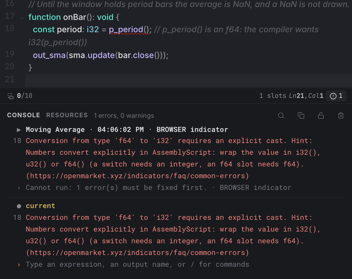 A blocked Run: the underlined line in the buffer, the error count in the status bar, and the Console with the compile message, its hint, the blocked-run line and the prompt